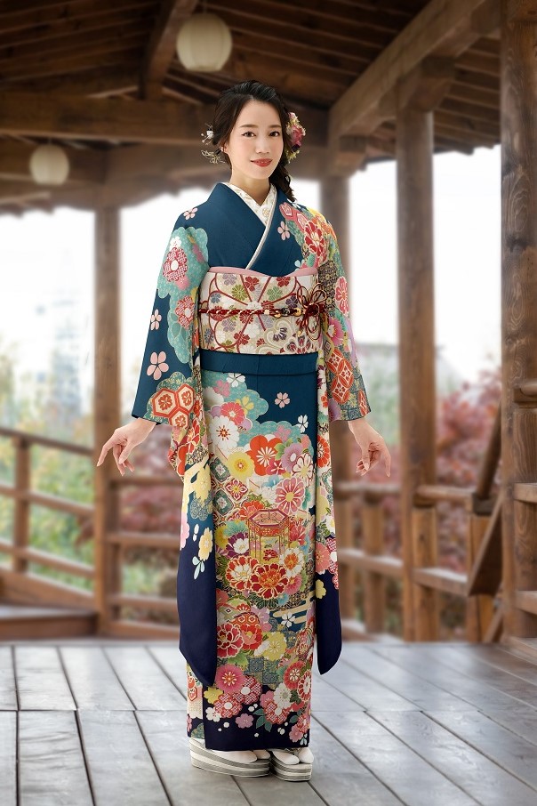 水色の雲どりが印象的な藍色の吉澤振袖
